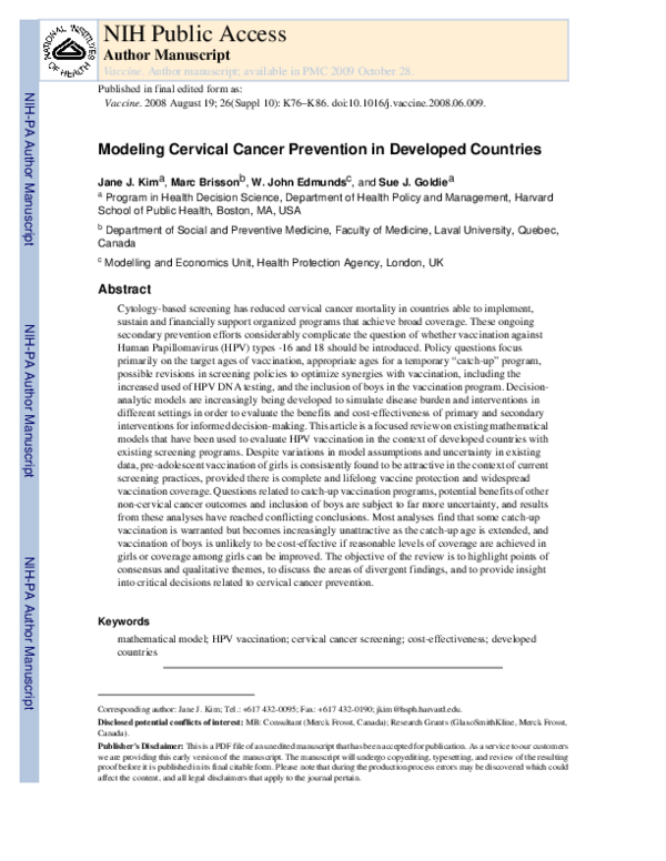 (PDF) Modeling Cervical Cancer Prevention in Developed Countries