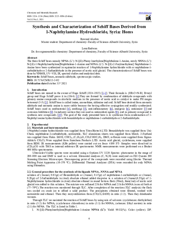 (PDF) Synthesis and Characterization of Schiff Bases Derived from 1 ...