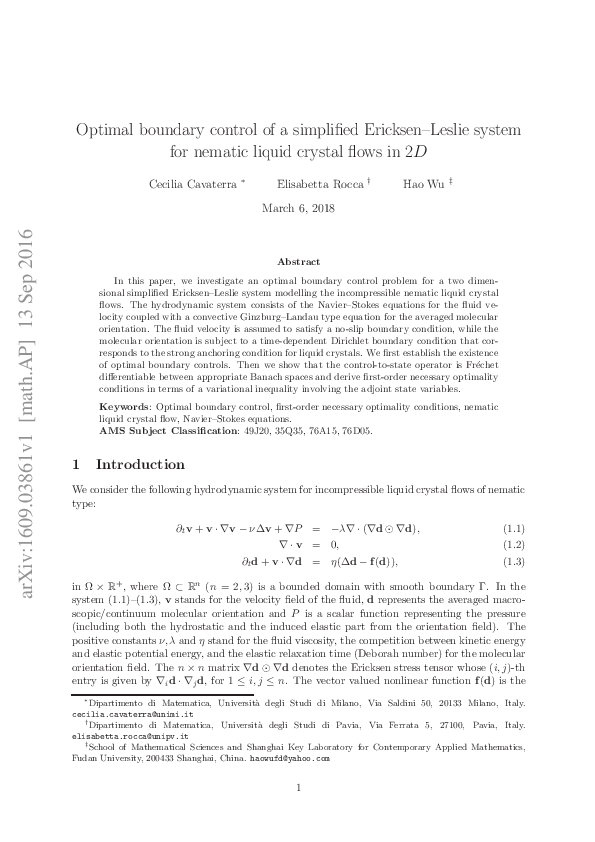(PDF) Optimal Boundary Control of a Simplified Ericksen–Leslie System ...