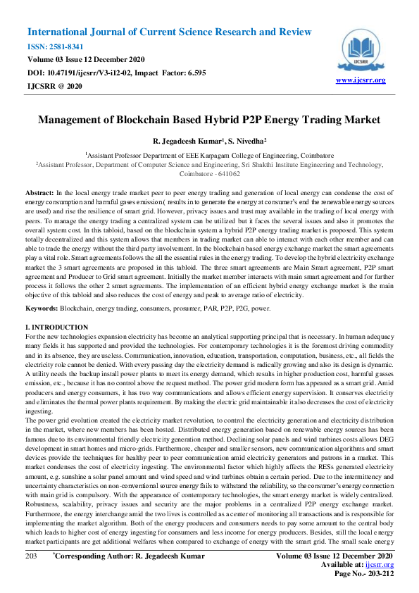 (PDF) Management of Blockchain Based Hybrid P2P Energy Trading Market