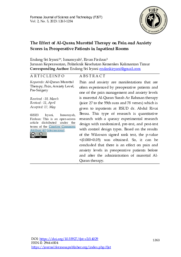 (PDF) The Effect of Al-Quran Murottal Therapy on Pain and Anxiety ...
