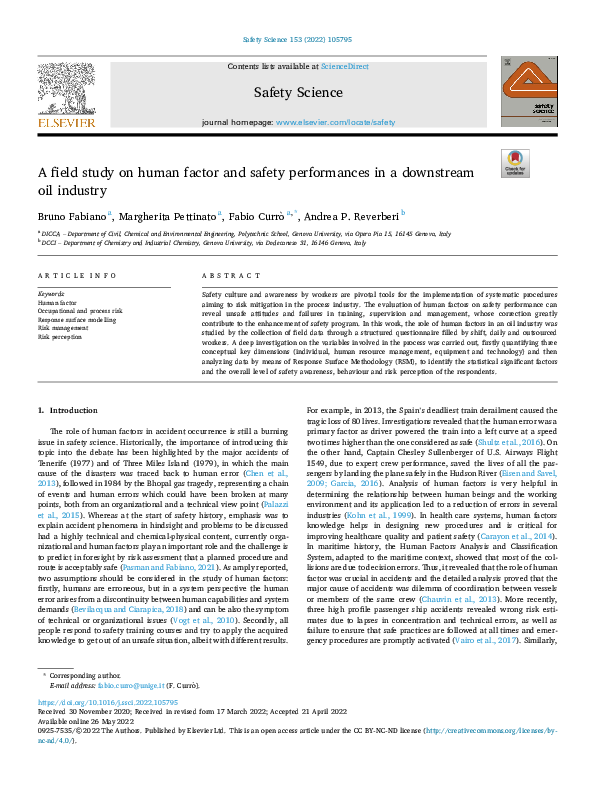 (PDF) A field study on human factor and safety performances in a ...