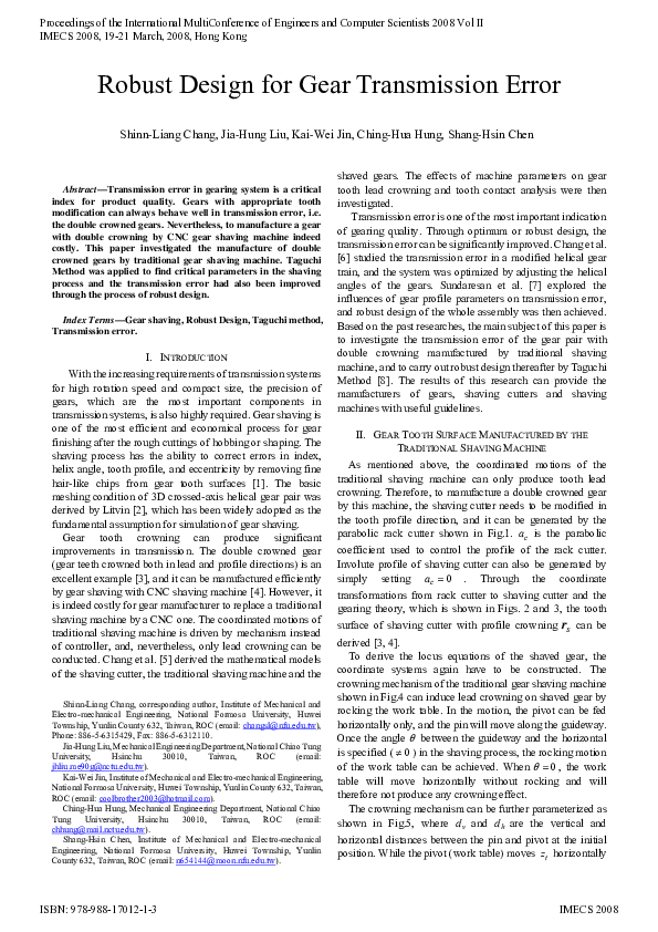 (PDF) Robust Design for Gear Transmission Error