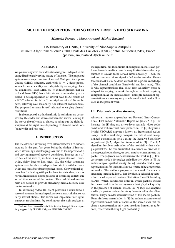 (PDF) Multiple description coding for Internet video streaming