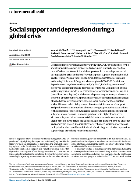 (PDF) Social support and depression during a global crisis