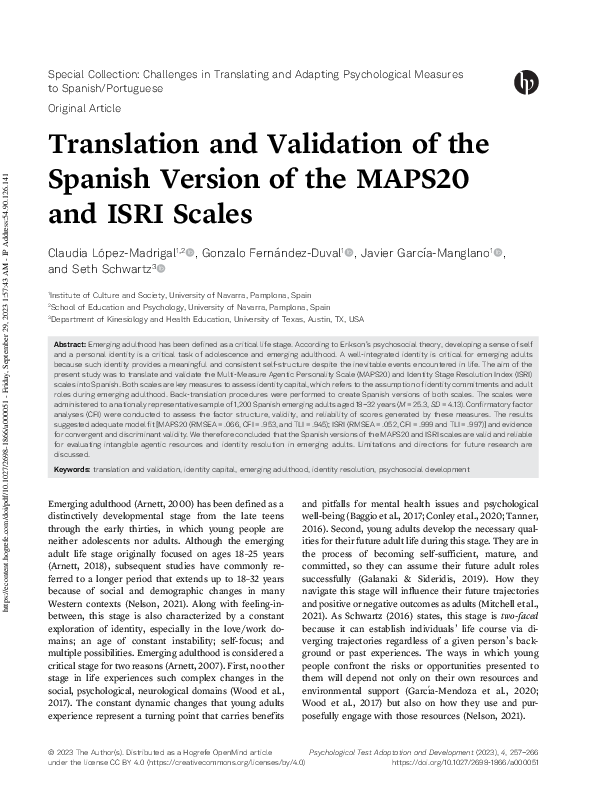 (PDF) Translation and Validation of the Spanish Version of the “Échelle ...