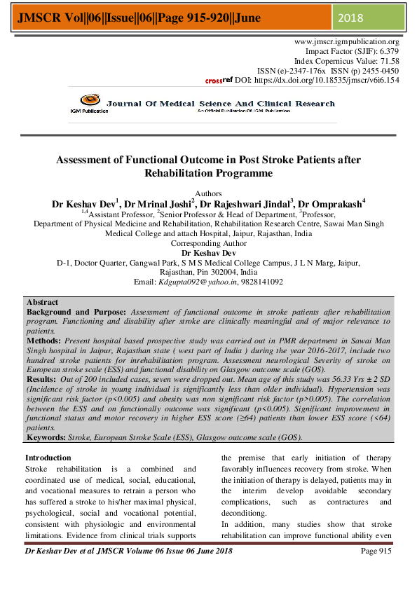 (PDF) Assessment of Functional Outcome in Post Stroke Patients after ...