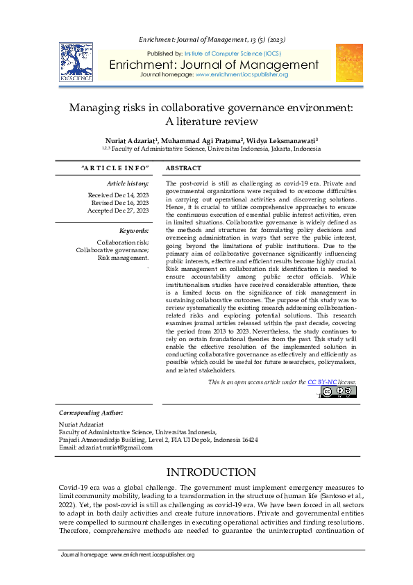 (PDF) Managing risks in collaborative governance environment: A ...