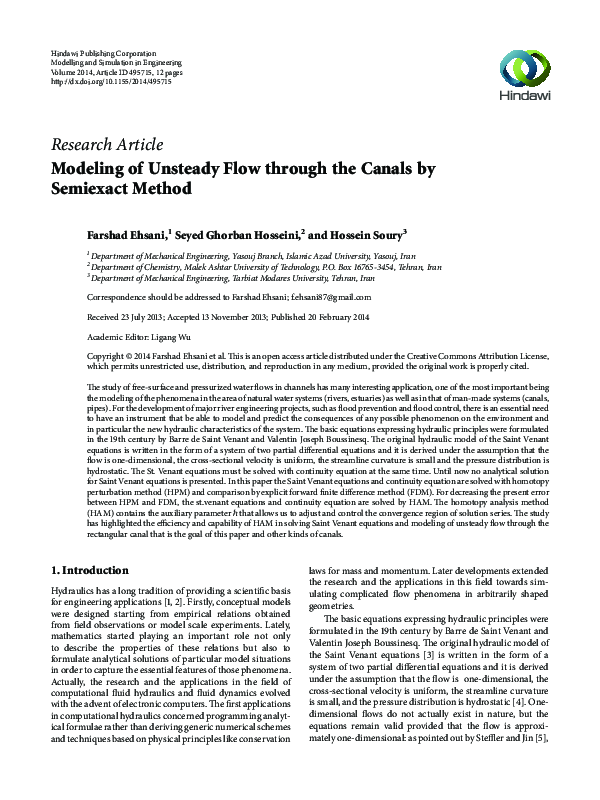 (PDF) Modeling of Unsteady Flow through the Canals by Semiexact Method