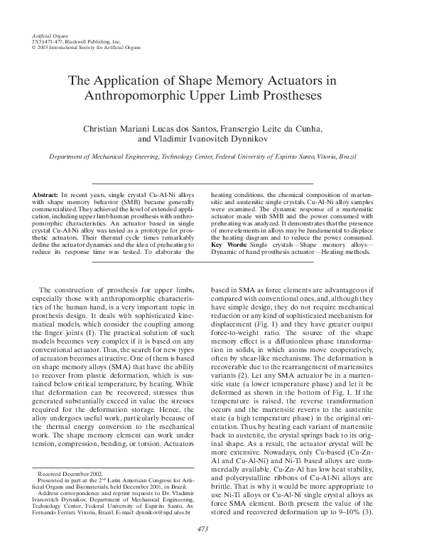 (PDF) The Application of Shape Memory Actuators in Anthropomorphic ...