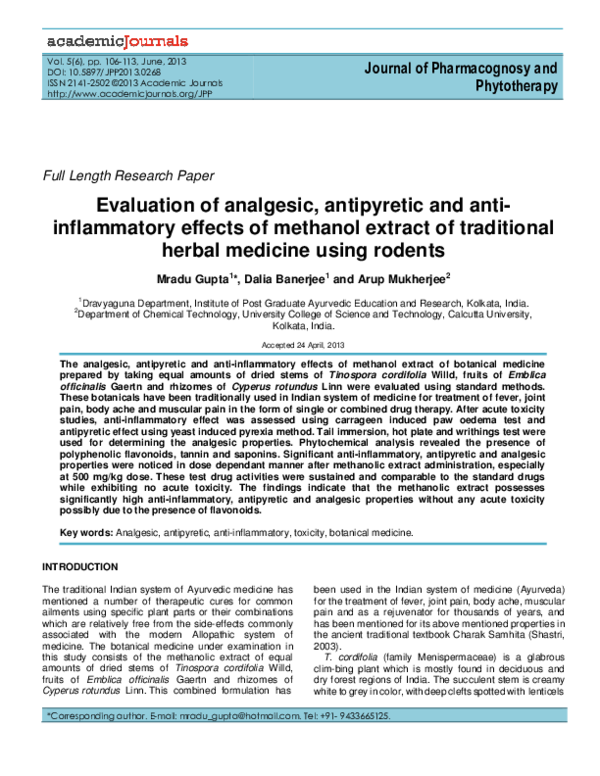 (PDF) Evaluation of Analgesic, Antipyretic and Anti Inflammatory ...