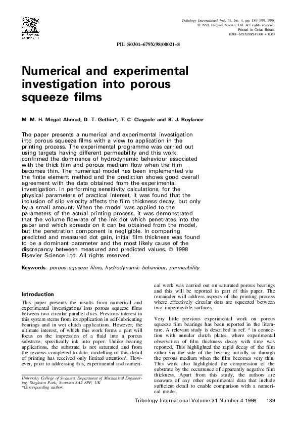 (PDF) Numerical and experimental investigation into porous squeeze films