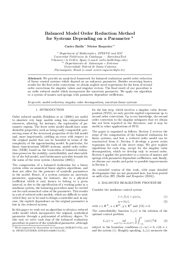 (PDF) Balanced Model Order Reduction Method for Systems Depending on a ...