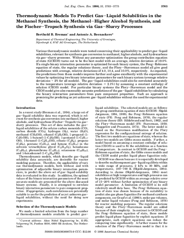 (PDF) Thermodynamic Models To Predict Gas−Liquid Solubilities in the ...