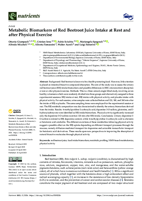 (PDF) Metabolic Biomarkers of Red Beetroot Juice Intake at Rest and ...