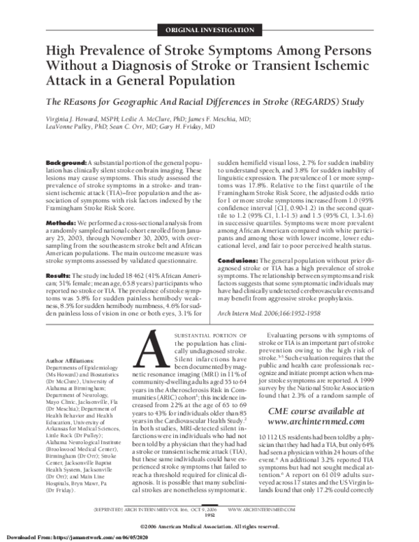 (PDF) High Prevalence of Stroke Symptoms Among Persons Without a ...