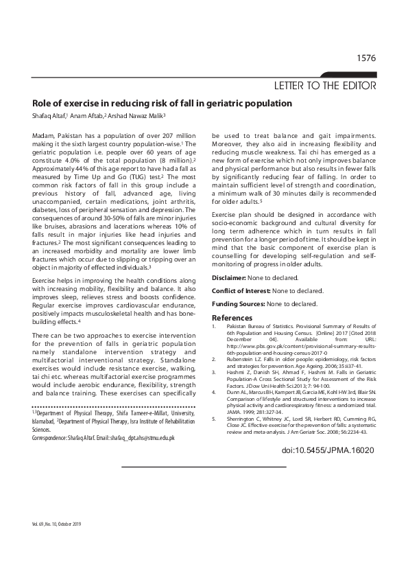 (PDF) Role of exercise in reducing risk of fall in geriatric population