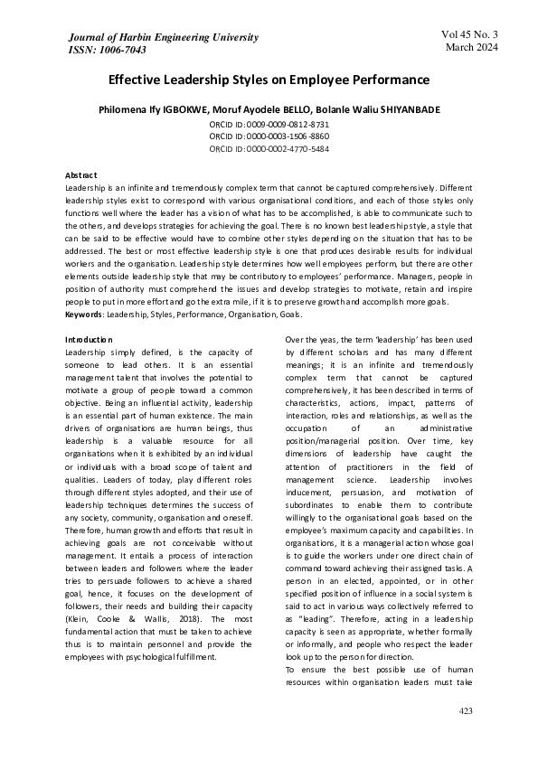 (PDF) Effective Leadership Styles on Employee Performance