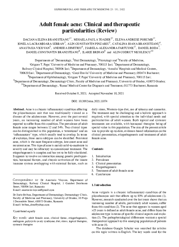 (PDF) Adult female acne: Clinical and therapeutic particularities (Review)