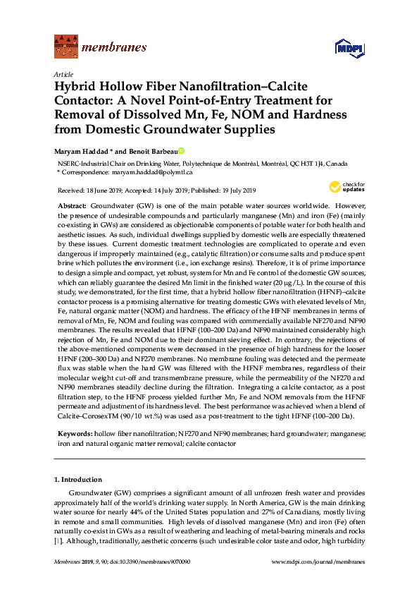 (PDF) Hybrid Hollow Fiber Nanofiltration–Calcite Contactor: A Novel ...