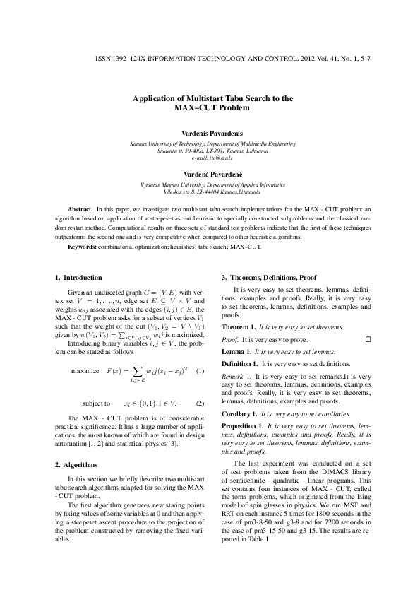 (PDF) Application of Multistart Tabu Search to the MAX-CUT Problem