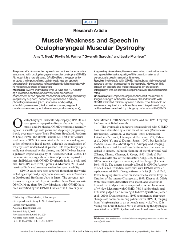 (PDF) Muscle Weakness and Speech in Oculopharyngeal Muscular Dystrophy