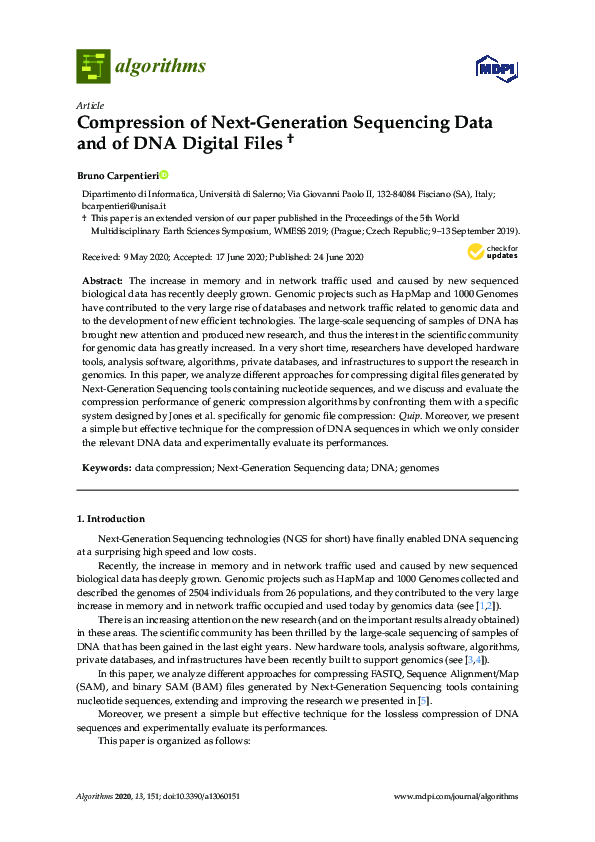 (PDF) Compression of Next Generation Sequencing Data