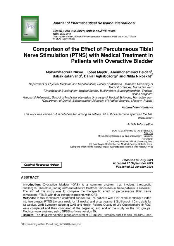 (PDF) Comparison of the Effect of Percutaneous Tibial Nerve Stimulation ...