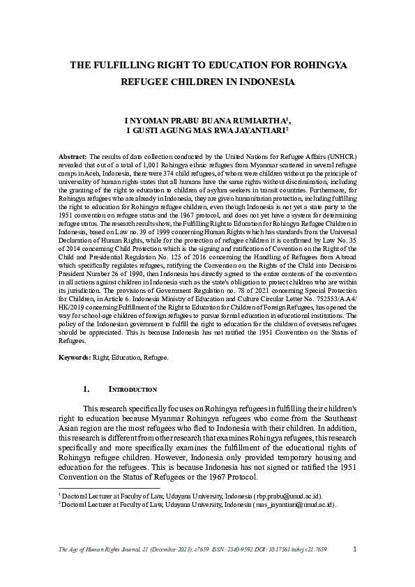 (PDF) Fulfilling Right to Education for Rohingya Refugee Children in ...