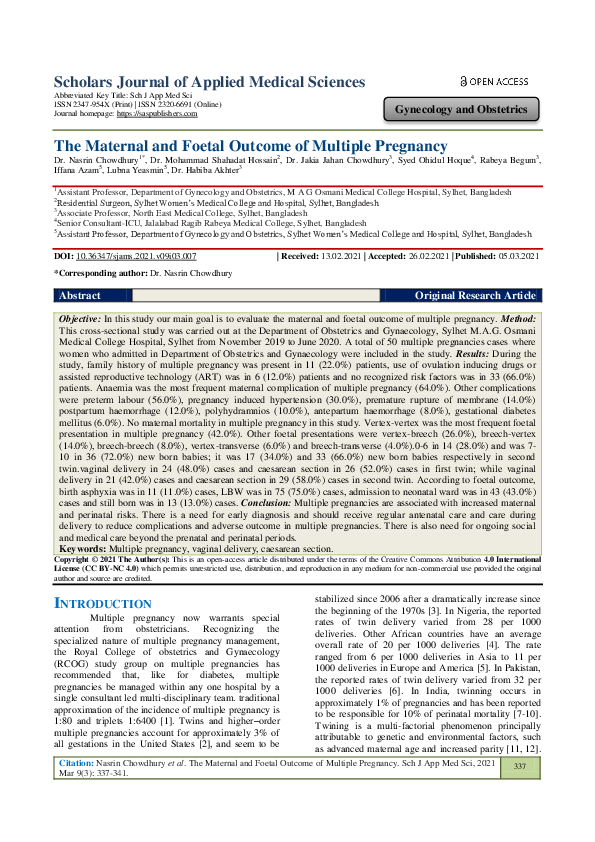 (PDF) The Maternal and Foetal Outcome of Multiple Pregnancy