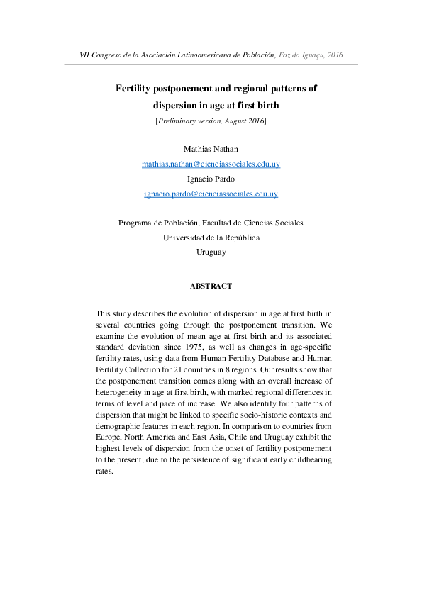 (PDF) Fertility postponement and regional patterns of dispersion in age ...