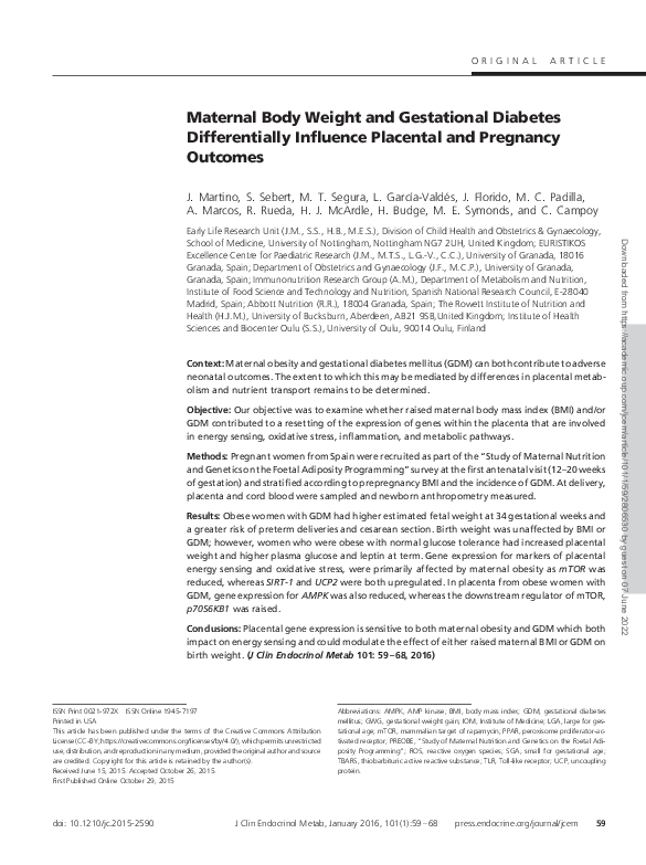 (PDF) Maternal Body Weight and Gestational Diabetes Differentially ...
