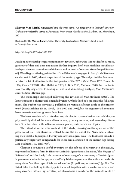 (PDF) FOMIN Review of Mac Mathúna, Séamus (2021) Iceland and the Immrama