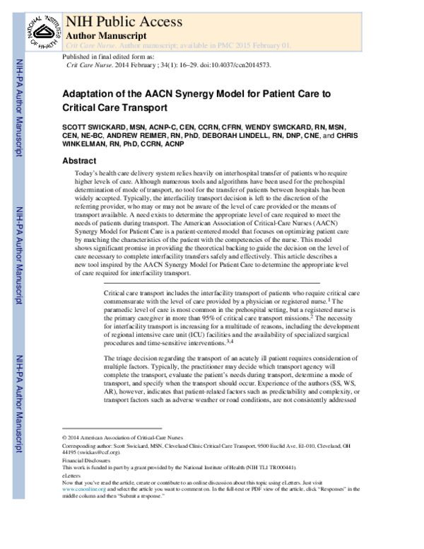 (PDF) Adaptation of the AACN Synergy Model for Patient Care to Critical ...