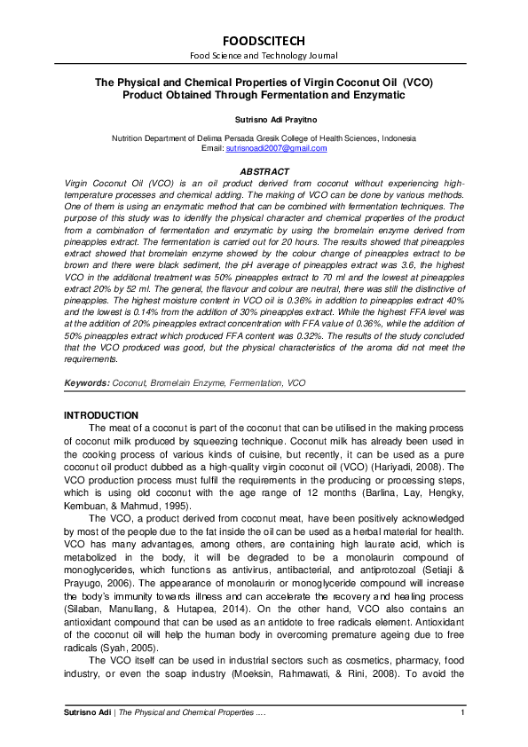 (PDF) The Physical and Chemical Properties of Virgin Coconut Oil (VCO ...