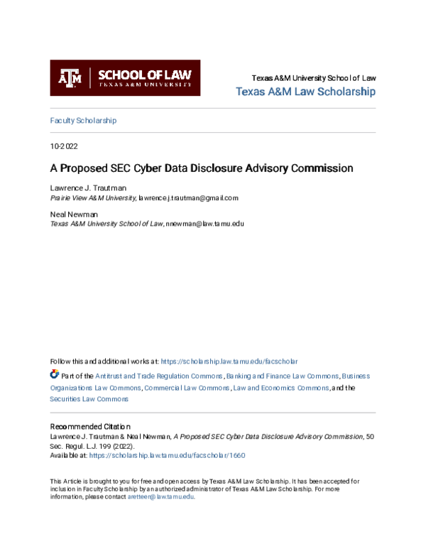(PDF) A Proposed SEC Cyber Data Disclosure Advisory Commission