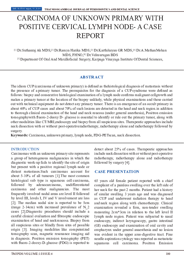 (PDF) Carcinoma of Unknown Primary with Positive Cervical Lymph Node- a ...