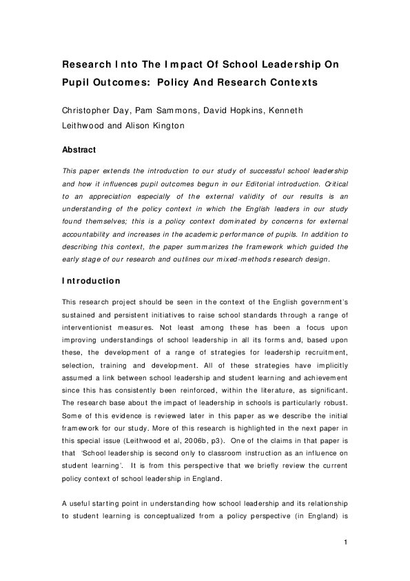 (PDF) Research into the impact of school leadership on pupil outcomes ...