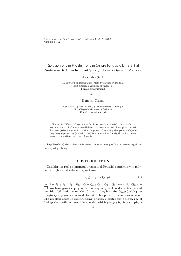 (PDF) Solution of the problem of the centre for cubic differential ...