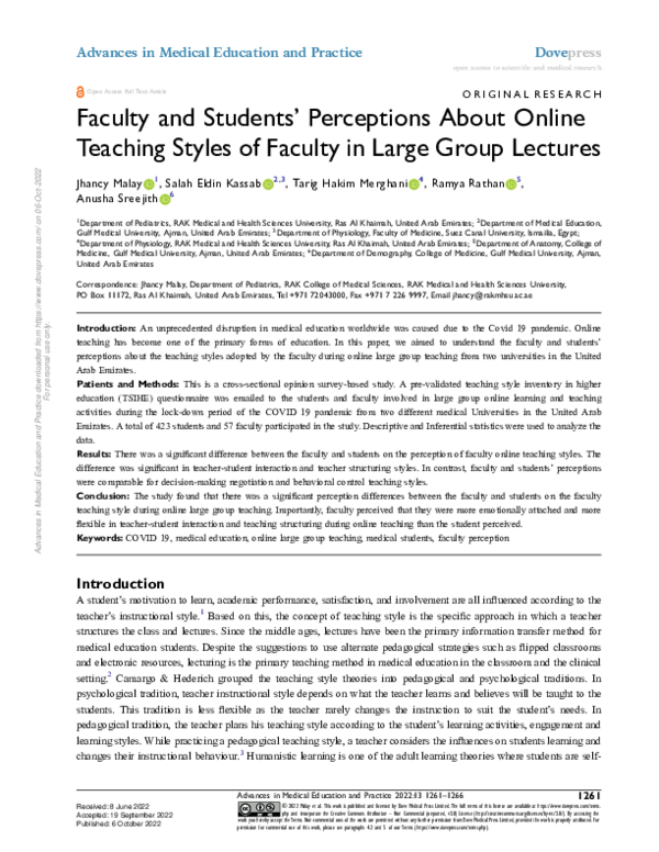 (PDF) Faculty and Students' Perceptions About Online Teaching Styles of ...