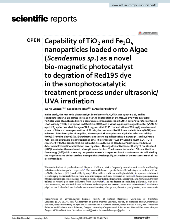 (PDF) Capability of TiO2 and Fe3O4 nanoparticles loaded onto Algae ...