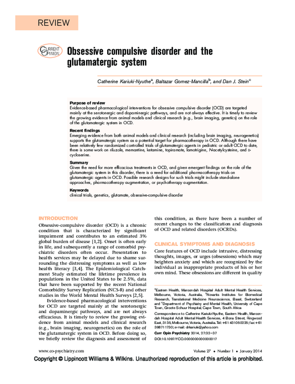 (PDF) Obsessive compulsive disorder and the glutamatergic system