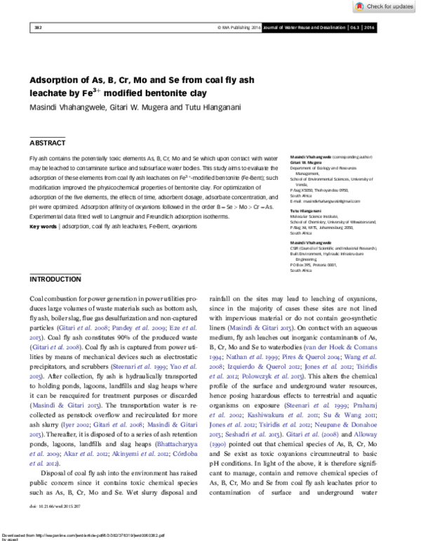 (PDF) Adsorption of As, B, Cr, Mo and Se from coal fly ash leachate by ...