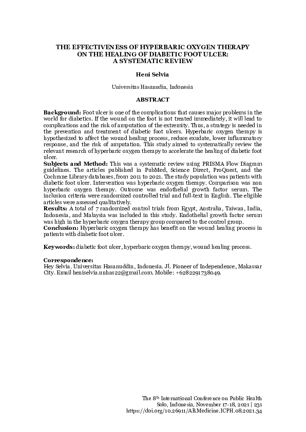 (PDF) The Effectiveness of Hyperbaric Oxygen Therapy on the Healing of ...