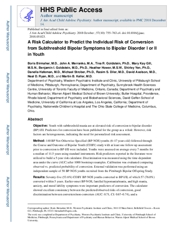 (PDF) A Risk Calculator to Predict the Individual Risk of Conversion ...
