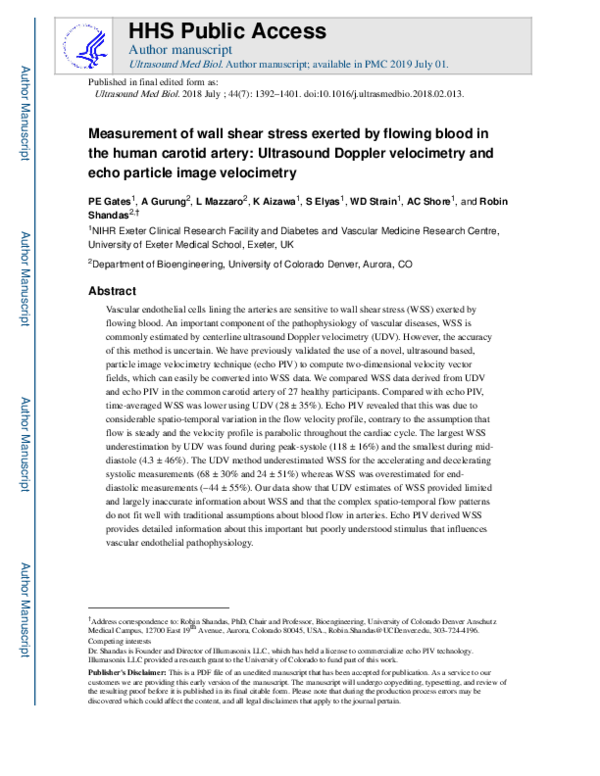 (PDF) Measurement of Wall Shear Stress Exerted by Flowing Blood in the ...