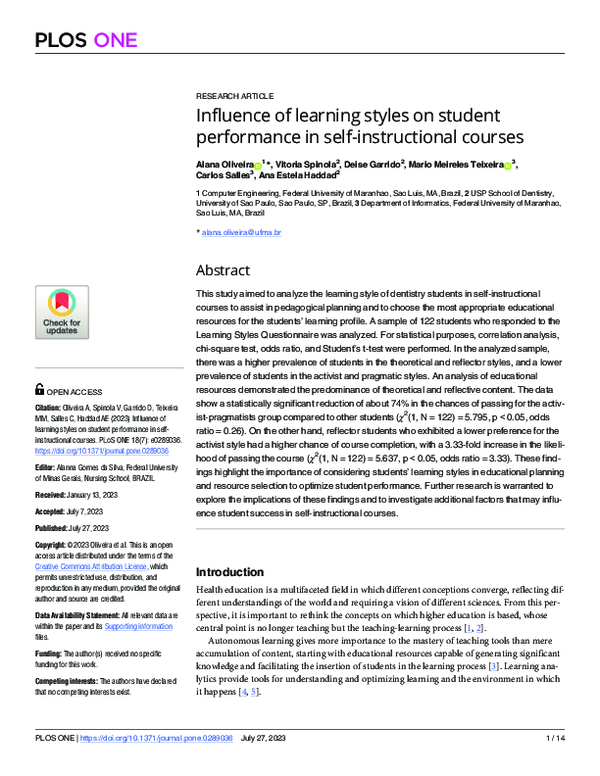 (PDF) Influence of learning styles on student performance in self ...
