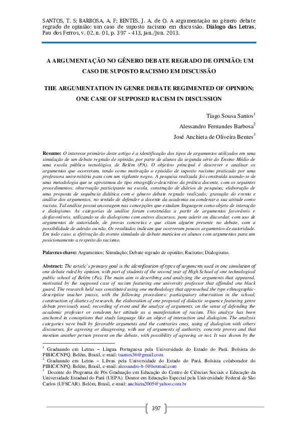 (PDF) A argumentação no debate regrado: o caso de suposto racismo em ...