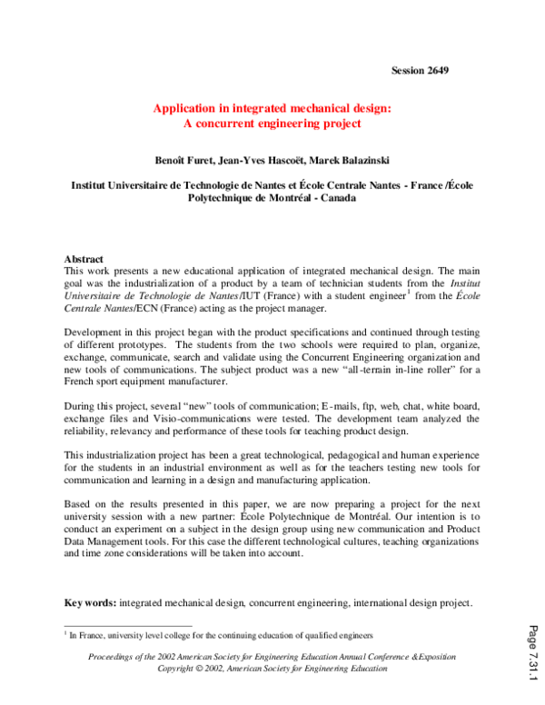 (PDF) A Concurrent Engineering Project: Application In Integrated ...