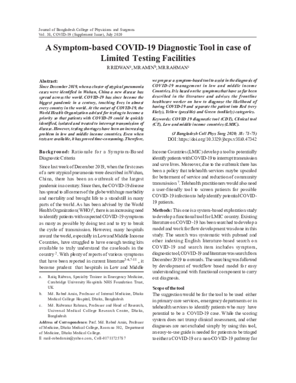 (PDF) A Symptom-based COVID-19 Diagnostic Tool in case of Limited ...